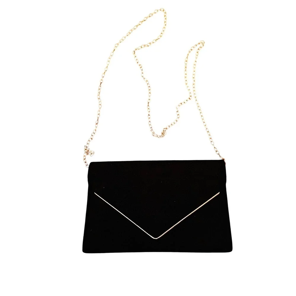 Formal black suede/faux suede envelope clutch bag w/gold-tone chain strap‎